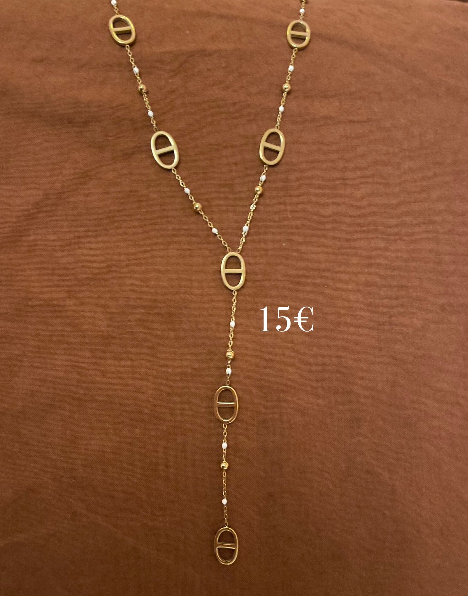 Collier Y maille marine blanc et doré